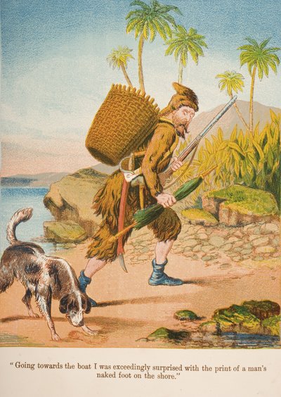 "Indo em direção ao barco, fiquei extremamente surpreso com a impressão do pé nu de um homem na praia.", Ilustração de "Robinson Crusoe", de Daniel Defoe (1660-1731), c.1860s (cromolito) de English School